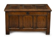 An antique English oak coffer with fielded panel decoration and peg-joint construction, early to mid 18th century, attractive small size of 61cm high, 108cm wide, 50cm deep.