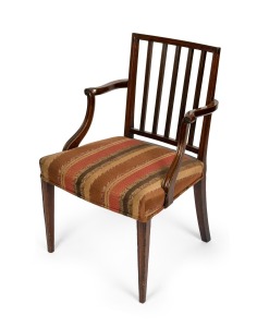 A Georgian mahogany Hepplewhite period armchair with scroll elbow supports and reeded bar back decoration, circa 1770, 87cm high, 55cm across the arms.