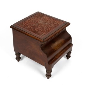 An antique English flame mahogany bed step commode on turned legs, mid 19th century, ​​​​​​​44cm high, 47cm wide, 50cm deep.