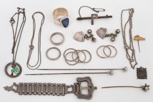 Assorted silver jewellery, rings, brooch, hat pins, cufflinks etc., 19th and 20th century, (qty).