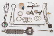 Assorted silver jewellery, rings, brooch, hat pins, cufflinks etc., 19th and 20th century, (qty).