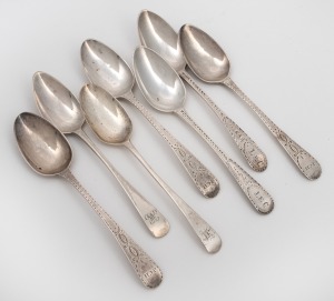 Seven assorted antique sterling silver spoons with bright cut or monogram decoration, mostly Channel Islands or made for the Channel Islands market, 18th/19th century, 88 grams total.