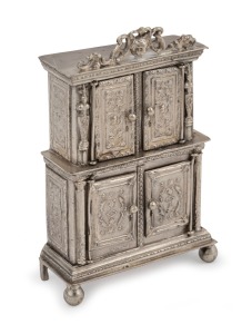 An antique Dutch silver dolls house miniature cabinet, 19th/20th century, 9cm high, 120 grams.