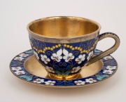 A Russian silver teacup and saucer with enamel floral decoration and original gilt finish, stamped "916" with Soviet assay mark and Cyrillic maker's mark, the saucer 11cm diameter, 233 grams total. - 3