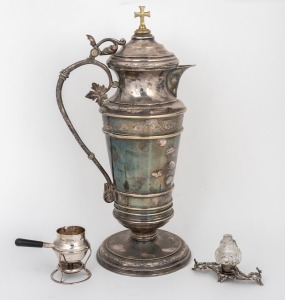 A sterling silver miniature jug on burner stand with wooden handle (7cm high, 74 grams total); together with a sterling silver and crystal salt pot on stand (7cm high, the stand 33 grams) and a Continental silver plated ecclesiastical wine ewer, 19th/20th century, (3 items), the ewer 38cm high.