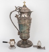 A sterling silver miniature jug on burner stand with wooden handle (7cm high, 74 grams total); together with a sterling silver and crystal salt pot on stand (7cm high, the stand 33 grams) and a Continental silver plated ecclesiastical wine ewer, 19th/20th