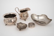 Sterling silver trinket box and shell shaped dish; together with a German 800 silver pierced bowl, silver plated milk jug and sugar bowl, 20th century, (5 items), the largest 14.5cm wide, 115 grams total.