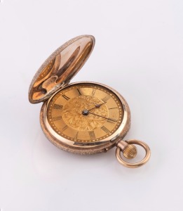 An antique 9ct gold cased lady's full hunter pocket watch with engraved decoration (missing glass), 19th century, 4.8cm high including bow, 30.7 grams total including movement.