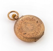 An antique 9ct gold cased lady's full hunter pocket watch with engraved decoration (missing glass), 19th century, 4.8cm high including bow, 30.7 grams total including movement. - 2