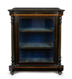 An antique English ebonised parlour cabinet, crossbanded in amboyna with gilt highlights, 19th century, 105cm high, 85cm wide, 37cm deep.