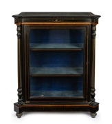 An antique English ebonised parlour cabinet, crossbanded in amboyna with gilt highlights, 19th century, 105cm high, 85cm wide, 37cm deep.