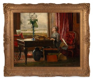 ARTIST UNKNOWN, (19th century), (interior scene, lady at the window), oil on canvas laid on board, ​​​​​​​61 x 74cm, 82 x 96cm overall.