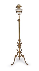 BENSON (attributed) antique English Art Nouveau adjustable standard lamp with cut crystal glass font and single button burner, late 19th century, ​​​​​​​145cm high.