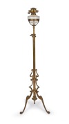BENSON (attributed) antique English Art Nouveau adjustable standard lamp with cut crystal glass font and single button burner, late 19th century, ​​​​​​​145cm high.