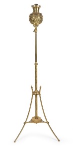 An antique English brass standard lamp with brass font and burner, 19th century, ​​​​​​​136cm high.