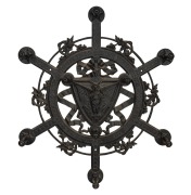 An antique English cast iron wall mount hat rack with owl decoration, late 19th century, 85cm high, 85cm wide.