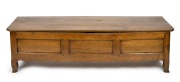 An antique French elm and fruitwood sword box with peg joint construction, 18th century, 50cm high, 182cm wide, 49cm deep.