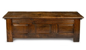 An antique provincial English oak coffer with peg-joint fielded panel construction, 18th century, 56cm high, 176cm wide, 58cm deep. PROVENANCE: Purchased by the current vendor from John Wilson Antiques in 2008 for $4,900. Purchase documentation included.
