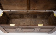 An antique provincial English oak coffer with peg-joint fielded panel construction, 18th century, 56cm high, 176cm wide, 58cm deep. PROVENANCE: Purchased by the current vendor from John Wilson Antiques in 2008 for $4,900. Purchase documentation included. - 2