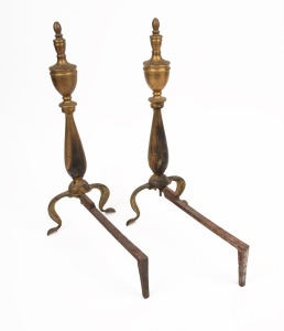 A pair of antique brass fire dogs with cabriole legs and urn decoration, 20th century, 46cm high, 18cm wide, 32cm deep.