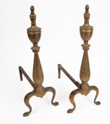 A pair of antique brass fire dogs with cabriole legs and urn decoration, 20th century, 46cm high, 18cm wide, 32cm deep. - 2