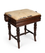 An antique English mahogany piano stool with turned thread adjustable mechanism, late 19th century, 47cm high, 57cm wide, 36cm deep.