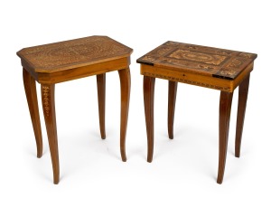 Two Italian marquetry top musical occasional tables, 20th century, ​​​​​​​46cm and 44cm high.