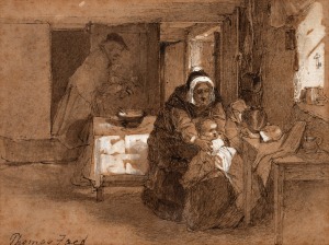 THOMAS FAED, RA HRSA (1825-1900), Forgiven, pen, ink, 35 x 42cm overall, watercolour and wash on sepia paper, signed lower left "Thomas Faed", pen inscription verso, 16 x 22cm.