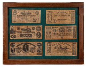 AMERICAN CIVIL WAR reproduction framed Confederate banknote display, ​​​​​​​35 x 45cm overall.