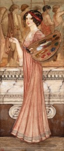 ARTIST UNKNOWN, self portrait of an artist, watercolour, signed "W.W.D. 1914", ​​​​​​​31 x 13cm, 50 x 29cm overall.