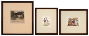 Two antique framed watercolour caricatures titled "Fine Feathers Make Fine Birds" and "Seeing Is Believing", together with an antique hand- coloured German musical engraving, signed in pencil, (3 items), ​​​​​​​the largest 31 x 29cm overall.