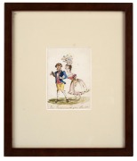 Two antique framed watercolour caricatures titled "Fine Feathers Make Fine Birds" and "Seeing Is Believing", together with an antique hand- coloured German musical engraving, signed in pencil, (3 items), ​​​​​​​the largest 31 x 29cm overall. - 4