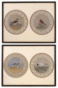 A group of four folk art hand-painted lace doilies with bird motifs, each one titled and housed in two frames, (2 items), 31 x 41cm each overall.