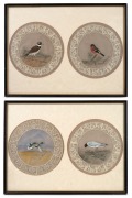 A group of four folk art hand-painted lace doilies with bird motifs, each one titled and housed in two frames, (2 items), 31 x 41cm each overall.