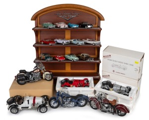 "THE CLASSIC CARS OF THE FIFTIES" wall mount display shelf with assorted model cars; together with three model motorcycles and three model roadsters in boxes, (qty).
