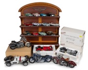 "THE CLASSIC CARS OF THE FIFTIES" wall mount display shelf with assorted model cars; together with three model motorcycles and three model roadsters in boxes, (qty).