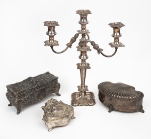 Three assorted antique silver plated jewellery caskets; together with a silver plated three branch candelabra, 19th/20th century, (4 items), the largest 42cm high.