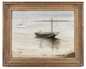 ARTIST UNKNOWN, (yachts at rest), oil on canvas board, signed lower left (illegible), ​​​​​​​29 x 39cm, 41 x 51cm overall.