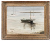ARTIST UNKNOWN, (yachts at rest), oil on canvas board, signed lower left (illegible), ​​​​​​​29 x 39cm, 41 x 51cm overall.