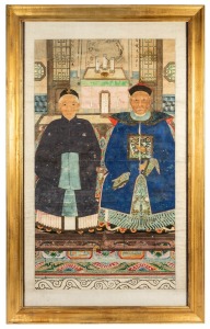 An antique Chinese hand-painted ancestor portrait, attractively framed and mounted, 19th century, 205 x 127cm overall.