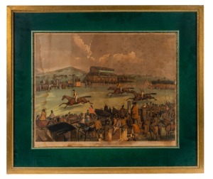 "ABERGAVENNY STEEPLE CHASE 1853 - Taking the Wall", colour lithograph published by Chas Denton, Abergavenny; framed & glazed; overall 63 x 83cm.