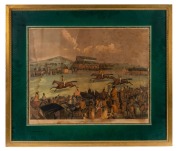 "ABERGAVENNY STEEPLE CHASE 1853 - Taking the Wall", colour lithograph published by Chas Denton, Abergavenny; framed & glazed; overall 63 x 83cm.