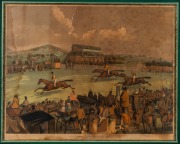 "ABERGAVENNY STEEPLE CHASE 1853 - Taking the Wall", colour lithograph published by Chas Denton, Abergavenny; framed & glazed; overall 63 x 83cm. - 2