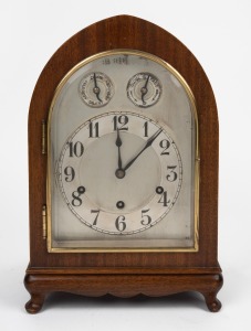 HAMBURG AMERICAN CLOCK COMPANY antique German mahogany cased mantle clock with three train chiming movement, silvered dial with Arabic chaptering, time silent and slow/fast dials, circa 1900, 37cm high.