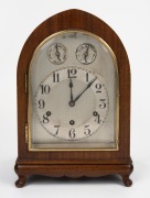HAMBURG AMERICAN CLOCK COMPANY antique German mahogany cased mantle clock with three train chiming movement, silvered dial with Arabic chaptering, time silent and slow/fast dials, circa 1900, 37cm high.