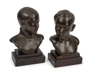 DUCAM pair of bronze busts of a girl and boy, mounted on timber plinths, both signed "Ducam", 23cm and 24cm high.