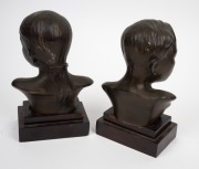 DUCAM pair of bronze busts of a girl and boy, mounted on timber plinths, both signed "Ducam", 23cm and 24cm high. - 4