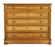 An antique birdseye maple secretaire chest, interior fitted with mahogany drawers and compartments, Northern European origin, 19th century, 108cm high, 131cm wide, 35cm deep.