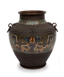 An antique Chinese bronze and champleve enamel vase in the archaic style, 19th/20th century, 27cm high.