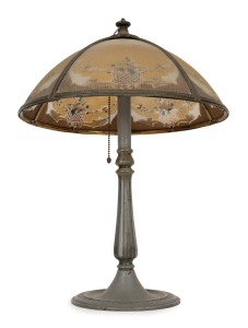 A vintage Art Deco table lamp with metal base and frosted hand-painted glass shade, early to mid 20th century, ​​​​​​​53cm high.